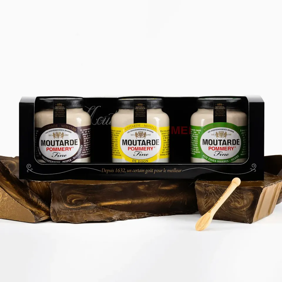 Pommery coffret 3 moutardes fines 100g poivre herbes Dijon